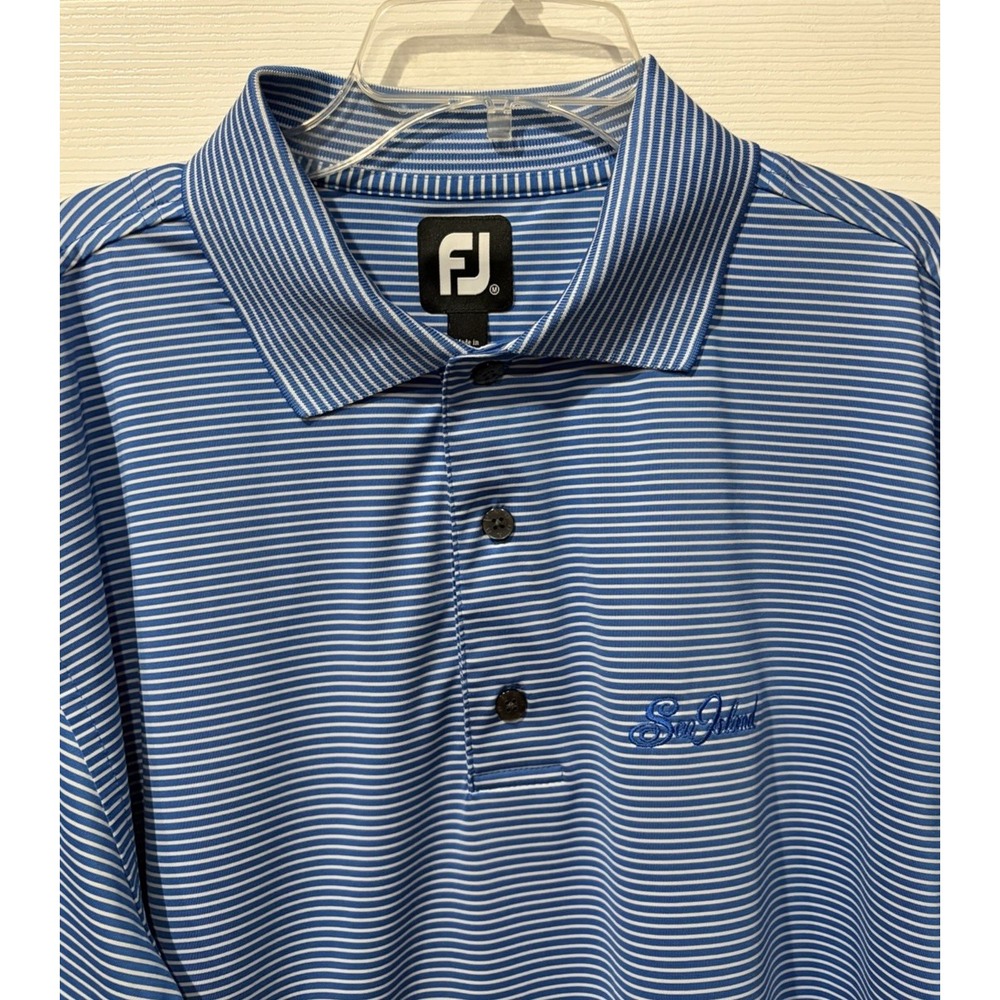 FootJoy Polo Shirt Mens Size M Blue White Striped Golf Performance FJ Sea Island